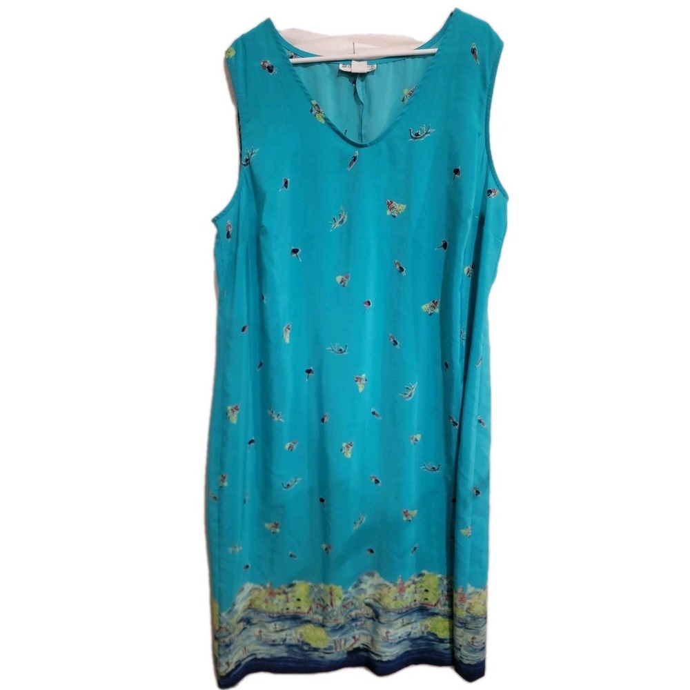Dressbarn Woman VTG Shift Dress 24 Teal Venice Italy Gondola Novelty‎ Print Boho